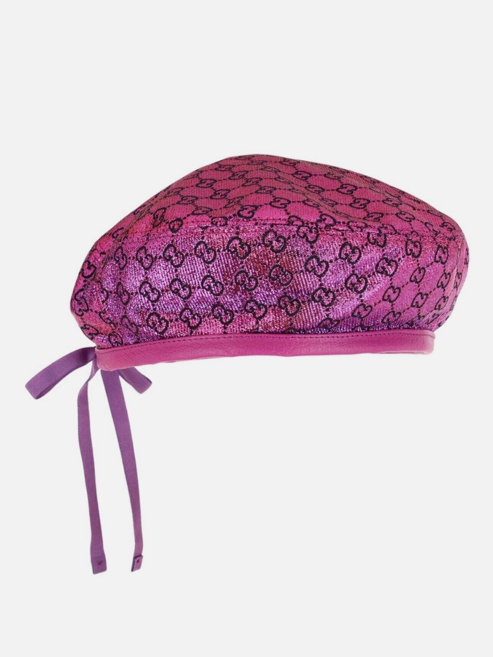 Gucci Pink GG Monogram Sequin Beret Hat M 57cm Rare Metallic Logo Cap Luxury - Picture 3 of 7